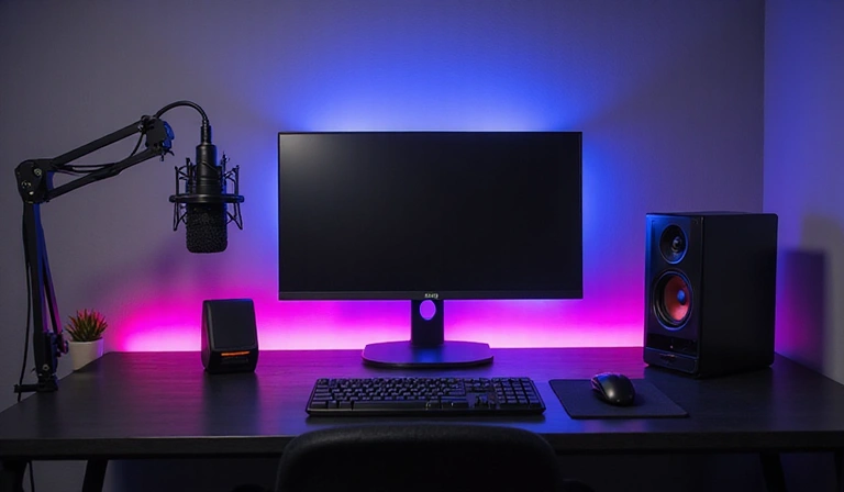 Configuration de setup de streamer minimaliste avec deux écrans et un éclairage d'ambiance.