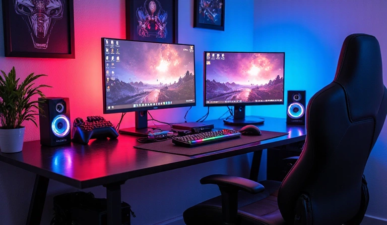 Setup de streamer avec éclairage LED RGB personnalisable et plusieurs périphériques.
