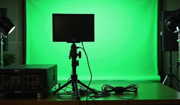 Setup de streamer professionnel avec écran vertical et équipement audio de haute qualité.