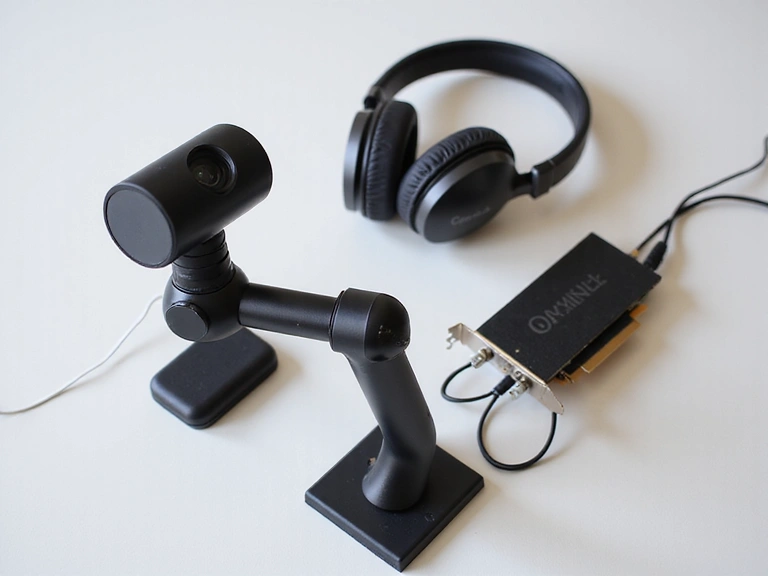 Divers équipements de streaming comme une webcam, un microphone et des écouteurs