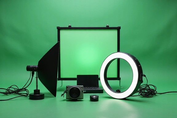 Image d'accessoires de streaming comme un anneau lumineux et un écran vert plié
