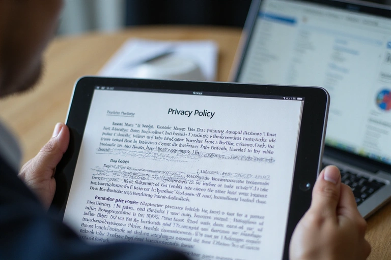 Personne lisant un document de politique de confidentialité sur une tablette