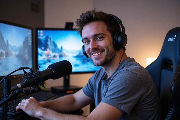 Personne souriante devant un équipement de streaming avec un micro et un écran, symbolisant la mission de Lumogen.org.