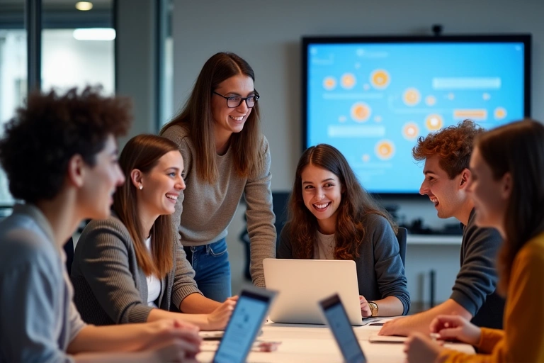 Un groupe de personnes diversifiées collaborant devant des ordinateurs, représentant la naissance et l'évolution de Lumogen.org.